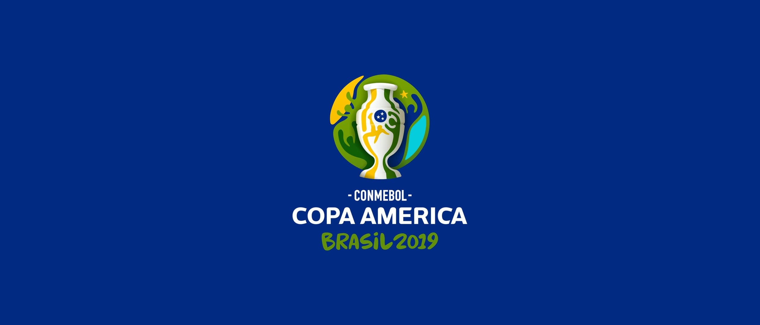 Logotipo da Copa América Brasil 2019 sobre fundo azul.